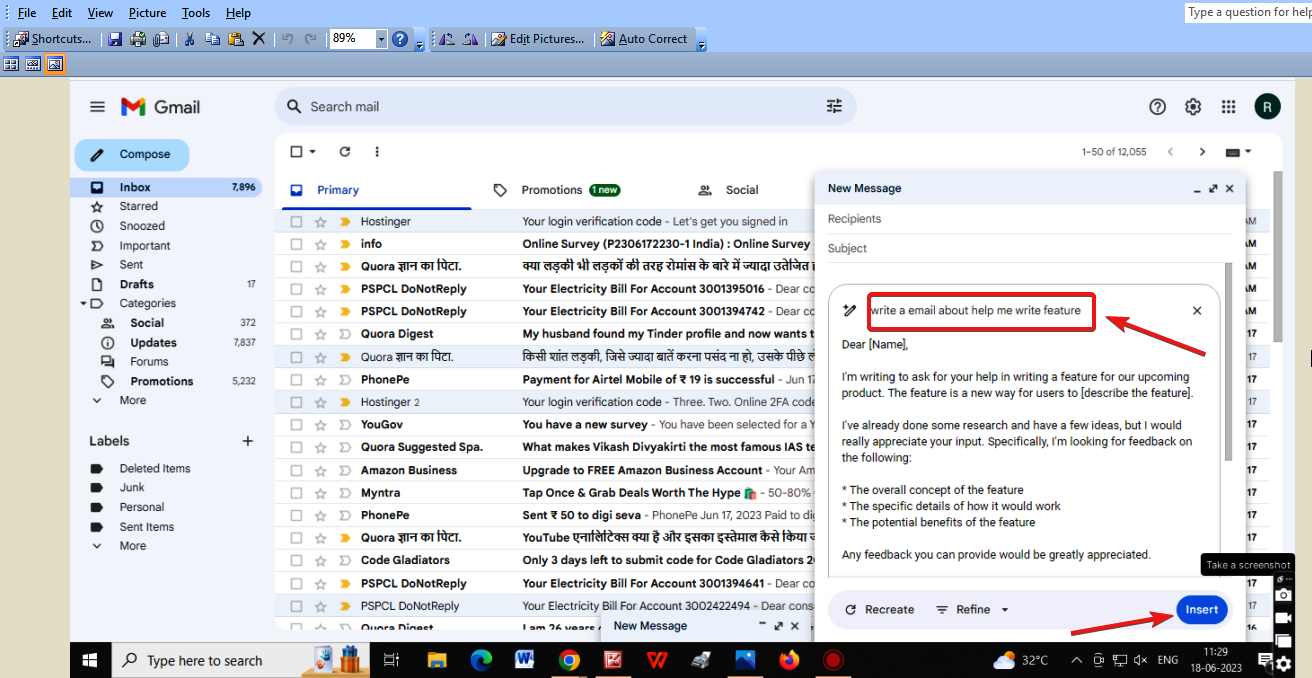 Gmail help me write feature..