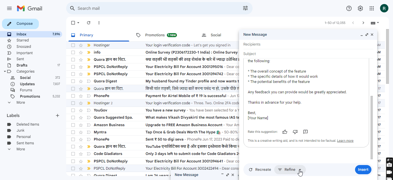 Gmail help me write AI feature