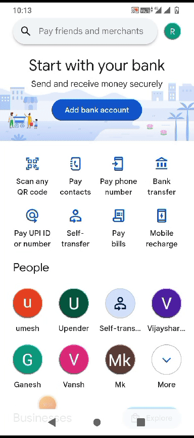Gpay interface for adding bank account